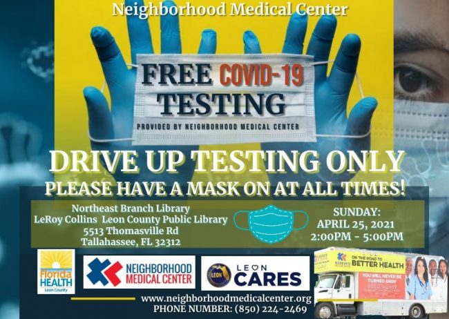 COVID-19 DRIVE UP TESTING SUNDAY APRIL 25. 2021